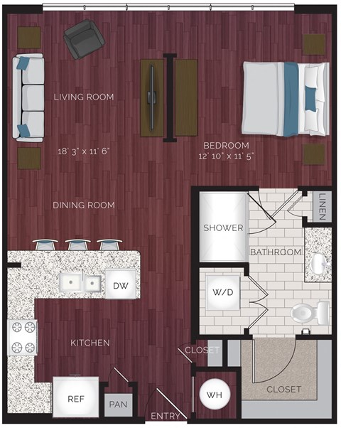 A floor plan of a small apartment with a living room, dining room, kitchen, and bedrooms.